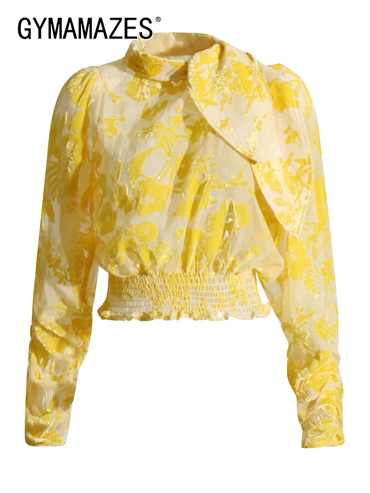 

GYMAMAZES Floral Printing Vintage Blouses For Women Round Collar Long Sleeve Tunic Ruched Chic Shirts Female Fashion Clothing