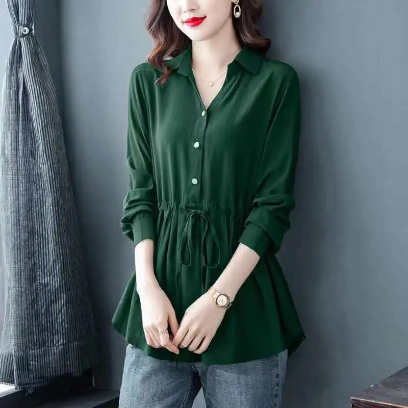 Spring and Autumn Temperament Women's Casual Simple Commuting Fashion Flip Collar Lace Up Waist Solid Color Long Sleeved Shirts