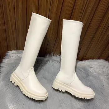여성용 앵클 부츠, 여성용 신발, 슬립온 미드 송아지 부츠, 플랫폼 소프트 PU 가죽 롱 부츠, 여성 패션 용수철 겨울