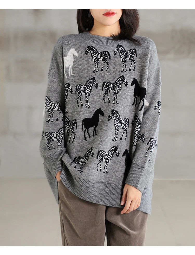 

Hot Fashion Animal Horse Pattern Women Sweater Long Sleeved O-Neck Sueter Mujer New Long Sleeved Casual Knitted Pullovers Tops