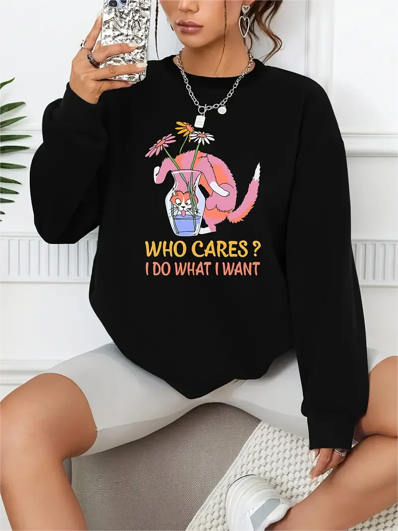 Who Cares Print Pullover Casual Loose Fashion Long-Sleeved Sweatshirt Solid Color Women's Clothing