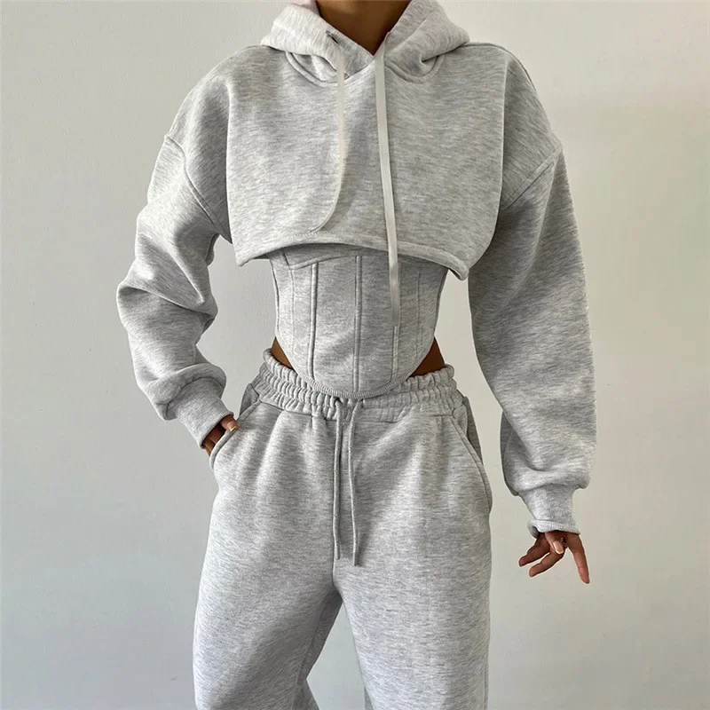 New Lace Up Pants Sets Women Slim Solid Splice Tank Tops Woman Long Sleeve Short Hoodies And Pant Suits Women Outfits Winter
