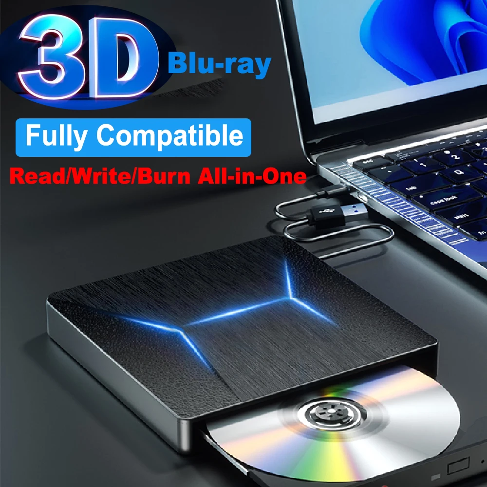 External Blu-ray Drive, USB 3.0 and Type-C Blu-Ray Burner Slim 3D Optical Blu-Ray DVD CD Drive Compatible with Windows XP/7/8/10