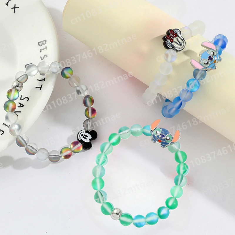 

New Stitch Glow-in-the-dark Stone Bracelet Mickey Mouse Cute Cartoon Student Ladies Bracelet Charm Jewelry Girl Birthday Gift
