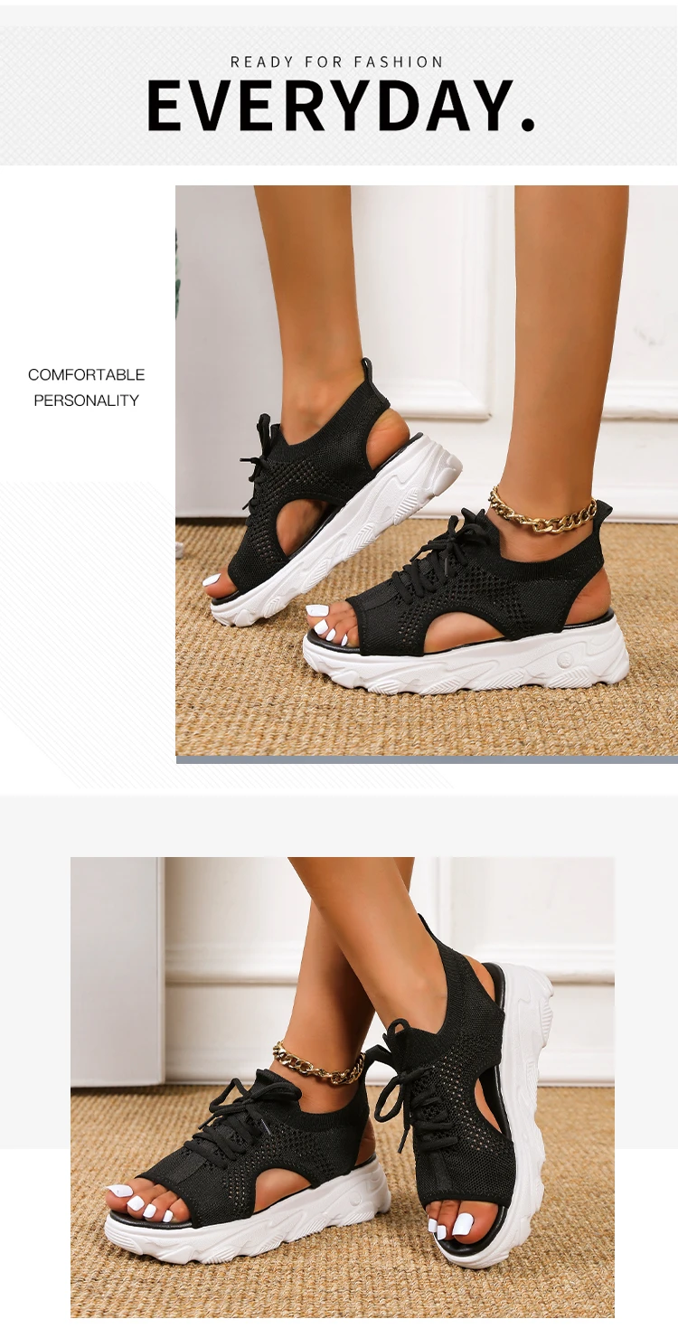 Women Sandals Mesh Casual Shoes Thick-Soled Lace-Up