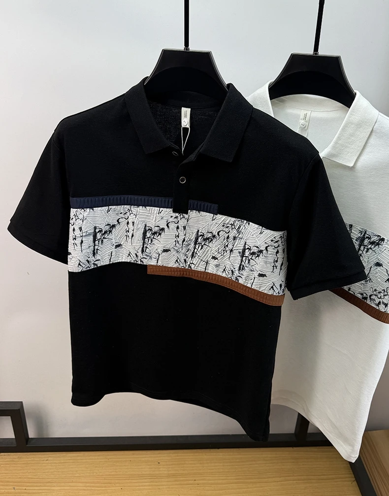 High quality fashion men's short sleeve polo shirt trend personalized patchwork stripes luxury comfortable lightweight T-shirt 11 S2ed99ae8908248219e92480a836040bfz