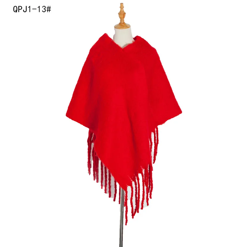 

Spring Autumn Loop Yarn Women Shawl Thick Tassel Warm Cloak Pullover Poncho Lady Capes Red Cloaks