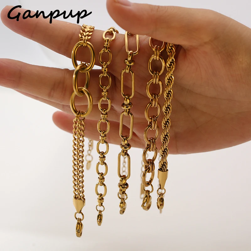 GANPUP 316L Edelstahl Goldene Kette Armreif Minimalistischen Geometrische Metall Armband Wasserdicht Schmuck Männer Frauen Geschenk