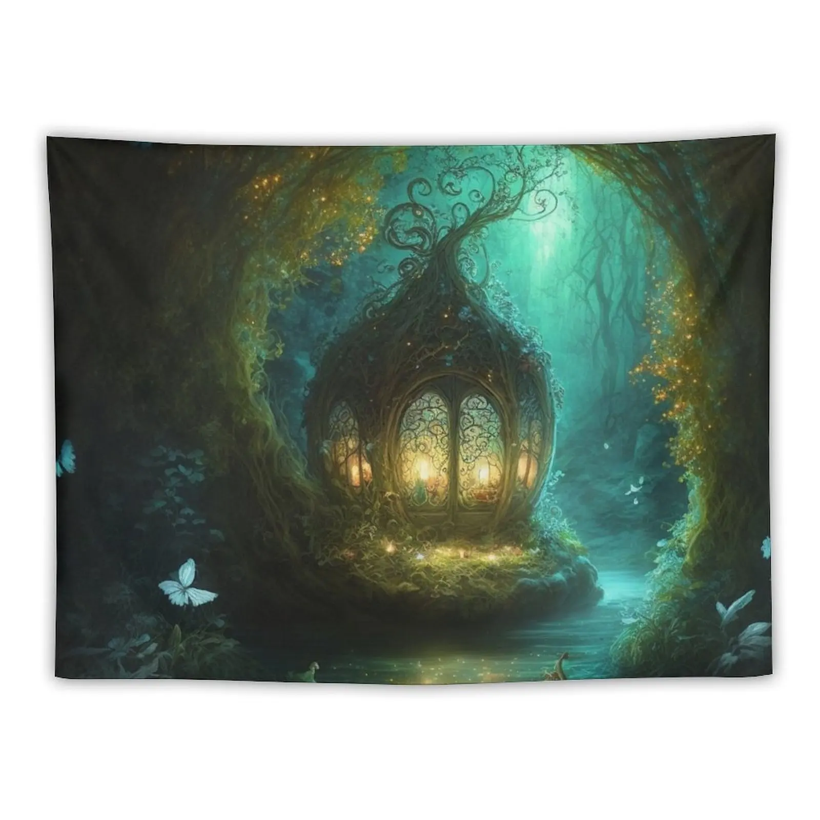

Enchanted Fairy Pod on a Magical River in a Fairytale Forest Tapestry Room Decor Aesthetic Home Decorating Tapestry