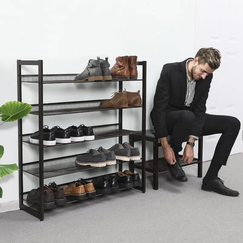 2-Tier Stackable Metal Rack Flat & Slant Adjustable Shoe Organizer