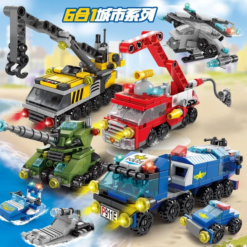 

6IN1 Tank Airplane Crane Police Car Fire Engine Truck Figures Transporter Small Block Toy 6 Years and Up Fun Cheap Kids Children