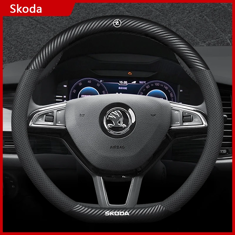 New Carbon Fiber Cowhide Breathable Steering Wheel Cover For Skoda