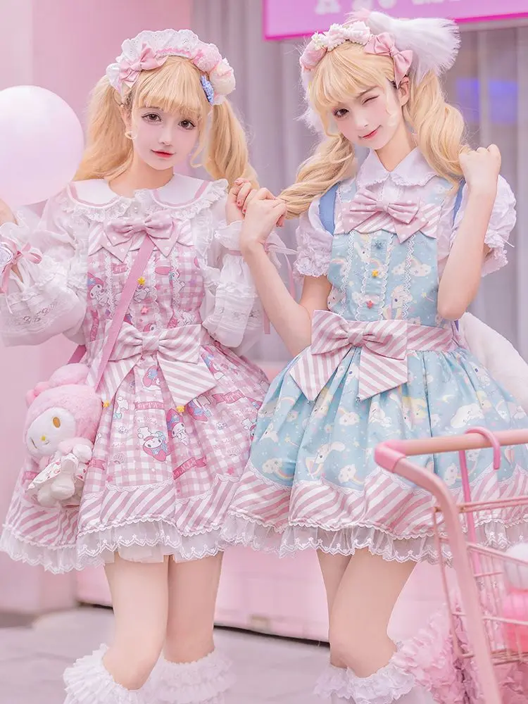 

Sweet Lolita Style Cartoon Print Princess Dress Women Cute Bow Lace Party Strap Dresses Girly Harajuku Kawaii Y2k Mini Vestidos