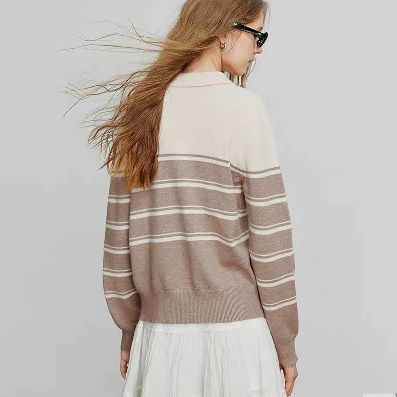Autumn and Winter New Women's Crew Neck Striped Contrasting Color Long-sleeved Sweater Turn Down Collar Casual Knitwear Top