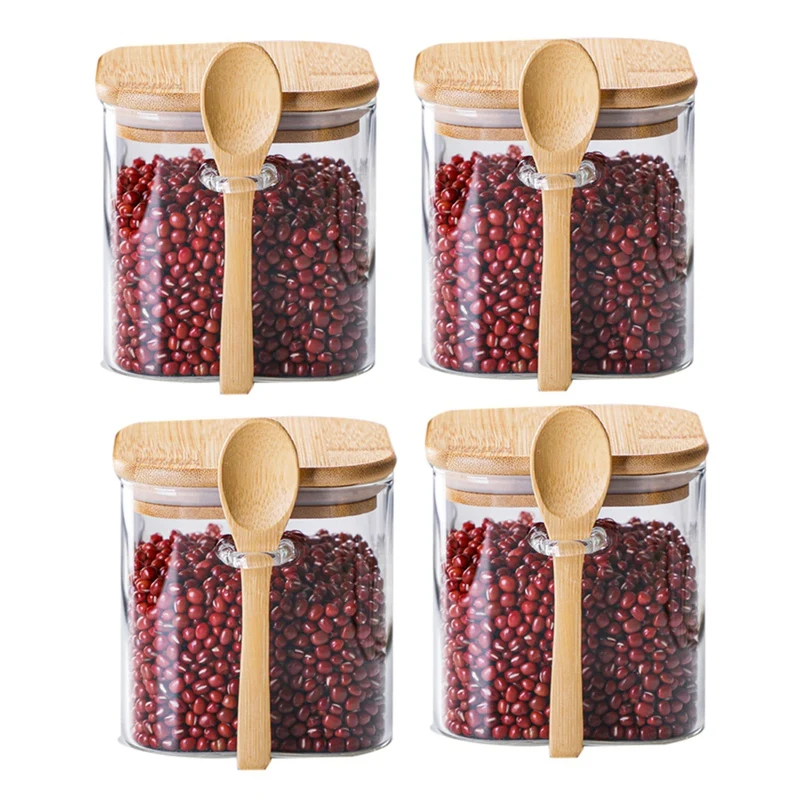 

Square Glass Jar With Bamboo Lids And Spoons Accessories Borosilicate Glass Food Storage Contaienrs For Coffee, Tea, Sugar 4Pcs