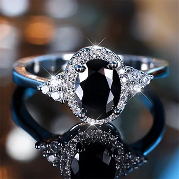 Oval Cut Black Green Red Pink Yellow Blue Zircon Stone Rings For Women Classic Silver Color Female Wedding Bands Mother Day Gift