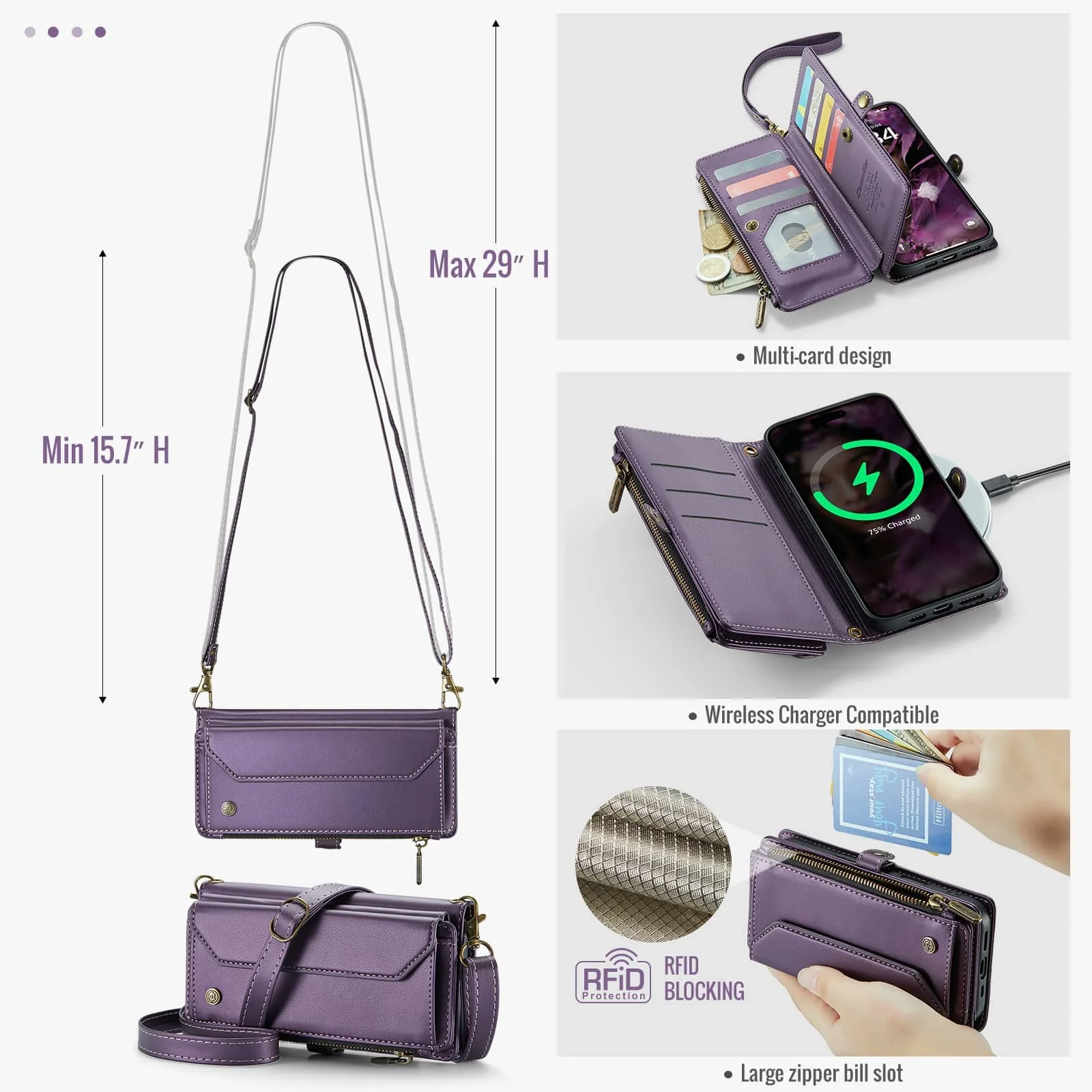 RFID Blocking Crossbody Wallet Case with Wristlet and Shoulder Strap, Premium PU Leather, 7-10 Card Holder