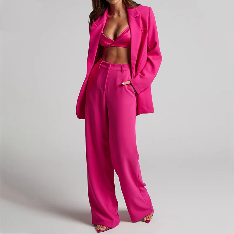 Tesco Fuchsia 2 Piece Women Suit Sets Casual Lapel Collar Blazer Wide Leg Long Pants For Autumn Lady Wear Loose Female Clothes