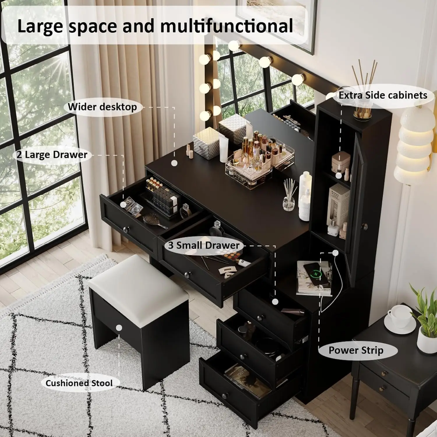 43" W Vanity Desk with Mirror & 11 Lights,Modern Makeup Desk with 5 Drawers & Cushioned Stool,3 Lighting Modes Brightness Adjust