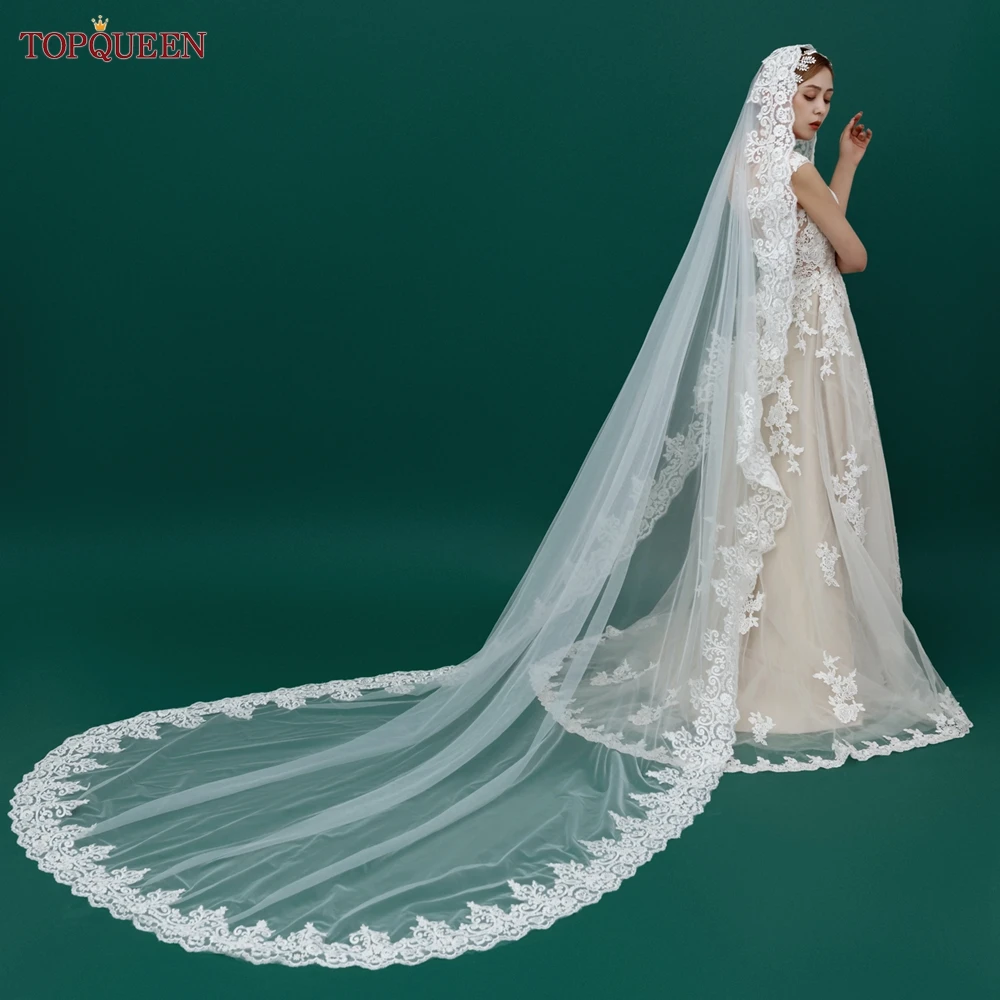 TOPQUEEN V68 Elegant Bridal Veil Wide Embroidered Lace Muslim Wedding 3M Long Cathedral Single Layer Hair Comb Veil 90 90cm luxury women muslim hijab square silk scarf satin headscarf plain woman veil solid handkerchief hair turban bandana 2023