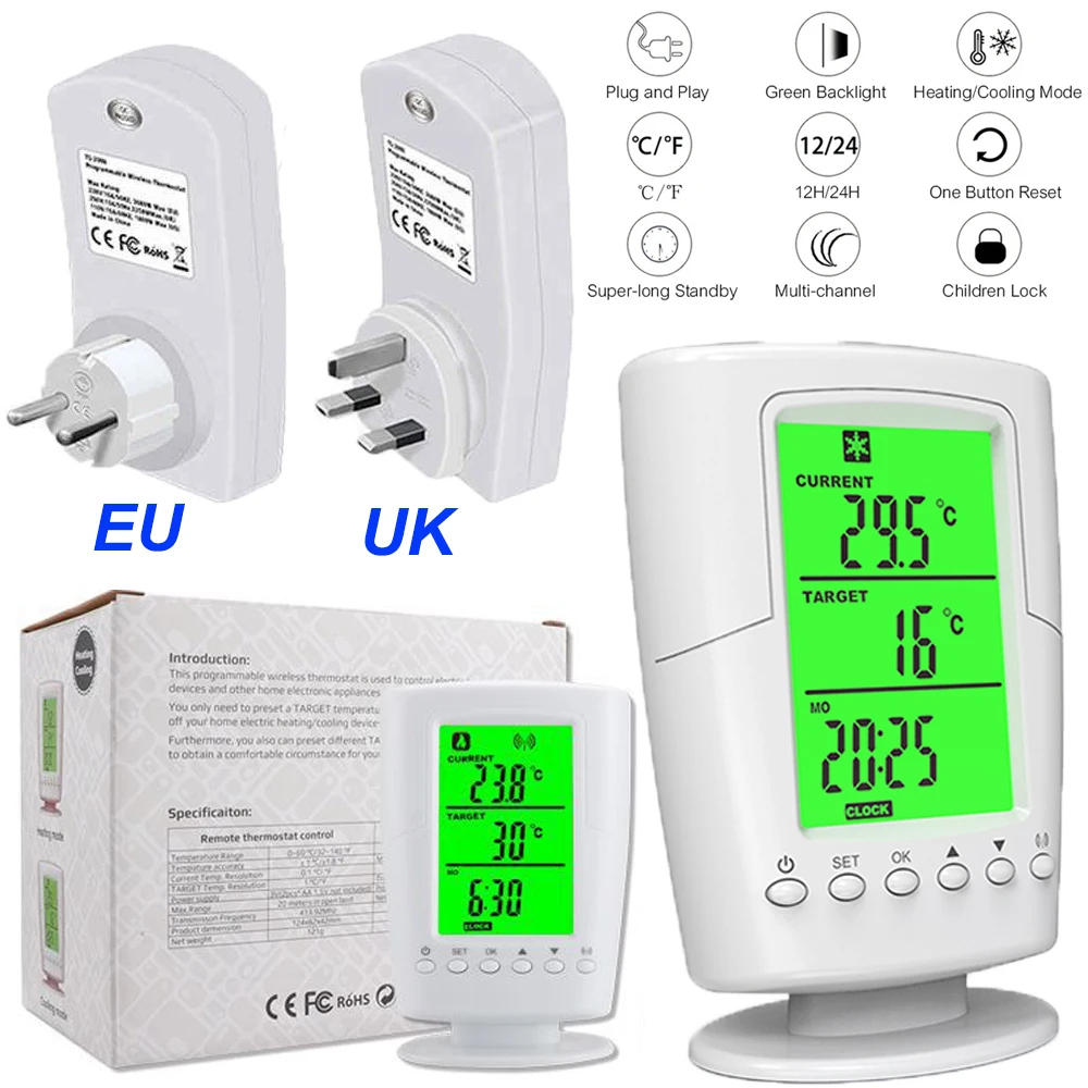 

Wireless Thermostat Household Intelligent Socket Programmable Digital Temperature Controller Backlight LCD Heating Cooling Mode