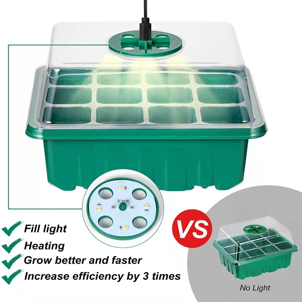 5pcs Seedling Tray With LED Grow Lights Plant Seed Starter Tray Kit Greenhouse Growing Trays With Holes 12 Cell Per Tra