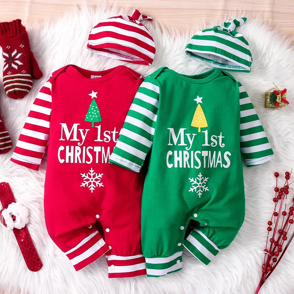 0 18 Months Spring Autumn Baby Boys And Girls Christmas Day Style Monogram Print Panels Striped Long Sleeve Climbing Suit