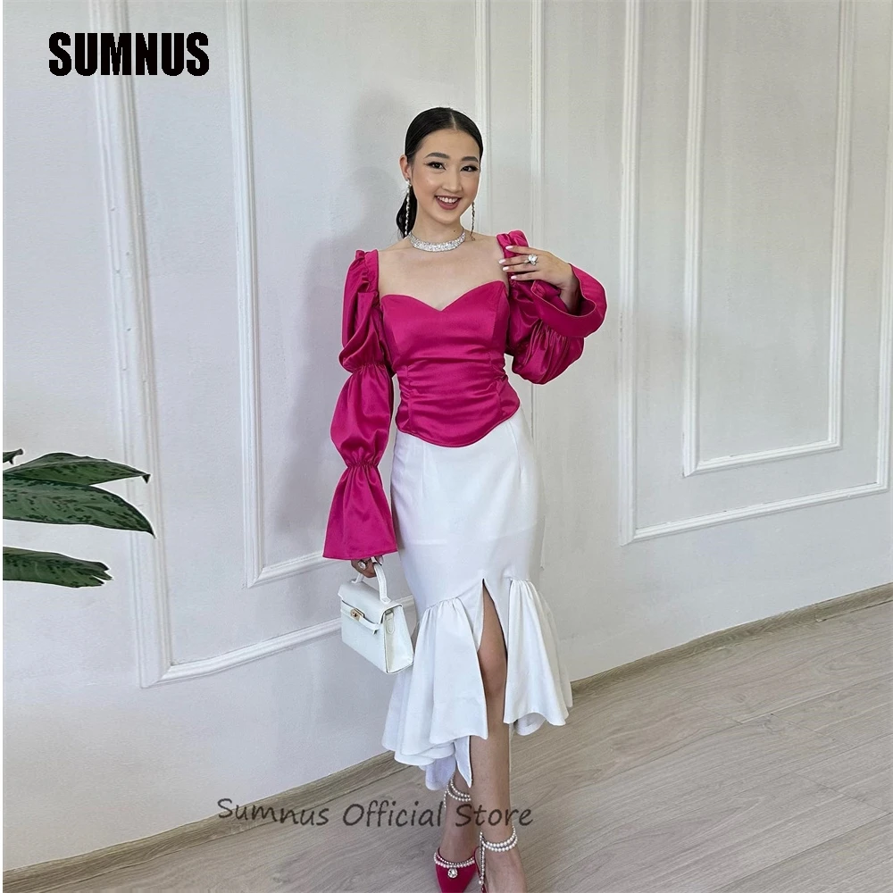 

SUMNUS Fuschia Satin Short Mermaid Evening Party Dresses Sexy Long Sleeve Strapless 2 Pieces Ruffles Dubai Prom Gowns For Women
