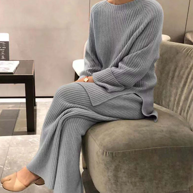 

Jocoo Jolee 2023 Casual Knit Women Sweater Suit Loose O Neck Pullover Wide Leg Pants Suit Autumn Winter 2 Pieces Set Homewear