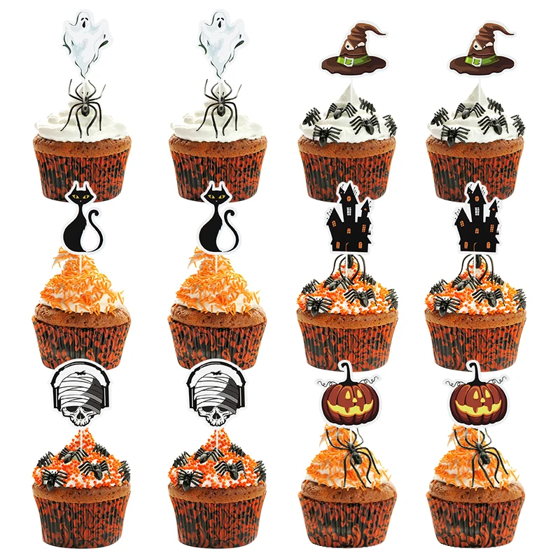 

12/24Pcs Halloween Cupcake Topper Pumpkin Ghost Cake Decorations For Halloween Party Dessert Baking Cake Decor Kids Gifts