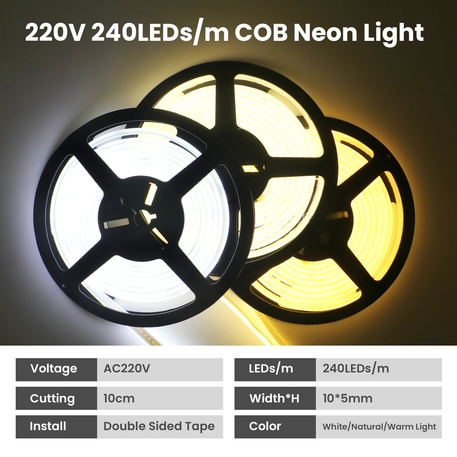 220 V selbstklebendes COB-LED-Streifenlicht, integrierter IC, 240 LEDs/m, flexibles Band, IP65, wasserdichtes Neonstreifenband mit EU-Steckerschalter/2Pin – Detail 7
