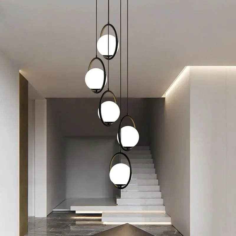 

Nordic Glass Ball LED Pendant Lights Living Room Kitchen Restaurant staircase hotel spiral decor Brass/Black Ring Hanging Lamp