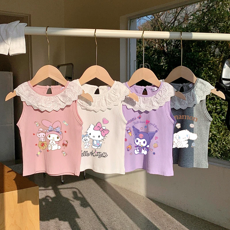 

Hello Kitty Summer Girls T-Shirt Sanrio Kuromi Cinnamoroll Cotton Lace Collar Sleeveless Baby Girl Ruffle Sweet Ribbed Thin Top