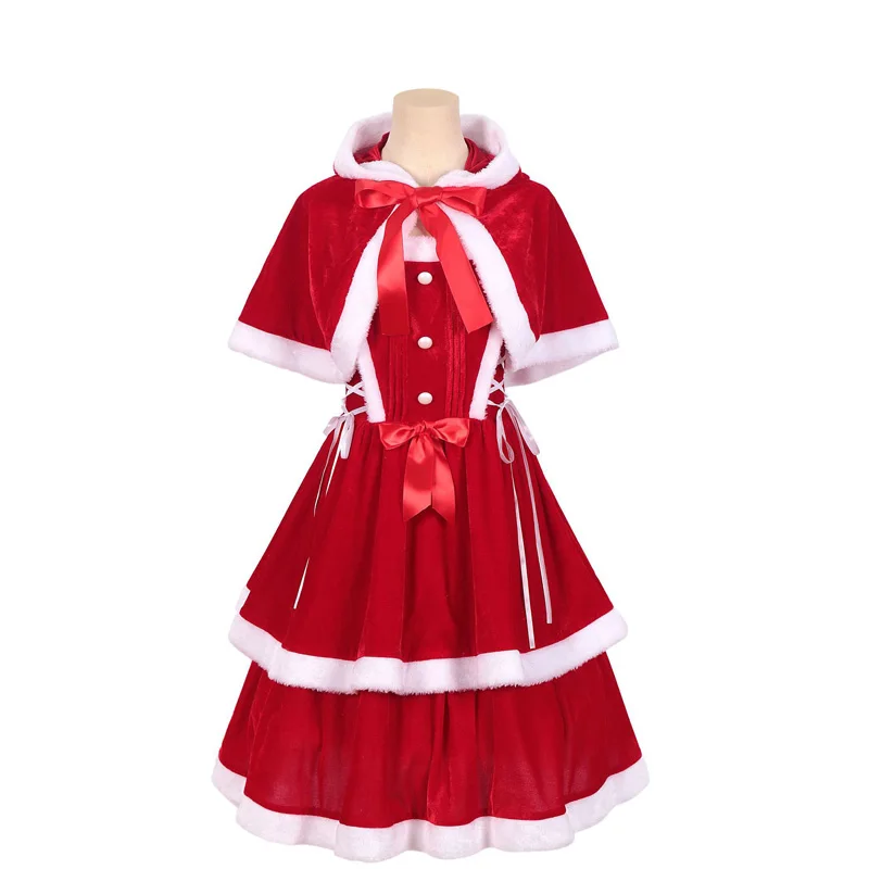 

Winter New Medieval Christmas Dress Theme Party Cosplay Lady Santa Skirt Uniform Sexy Slip Maid Dress Red Shawl Women Two-piece