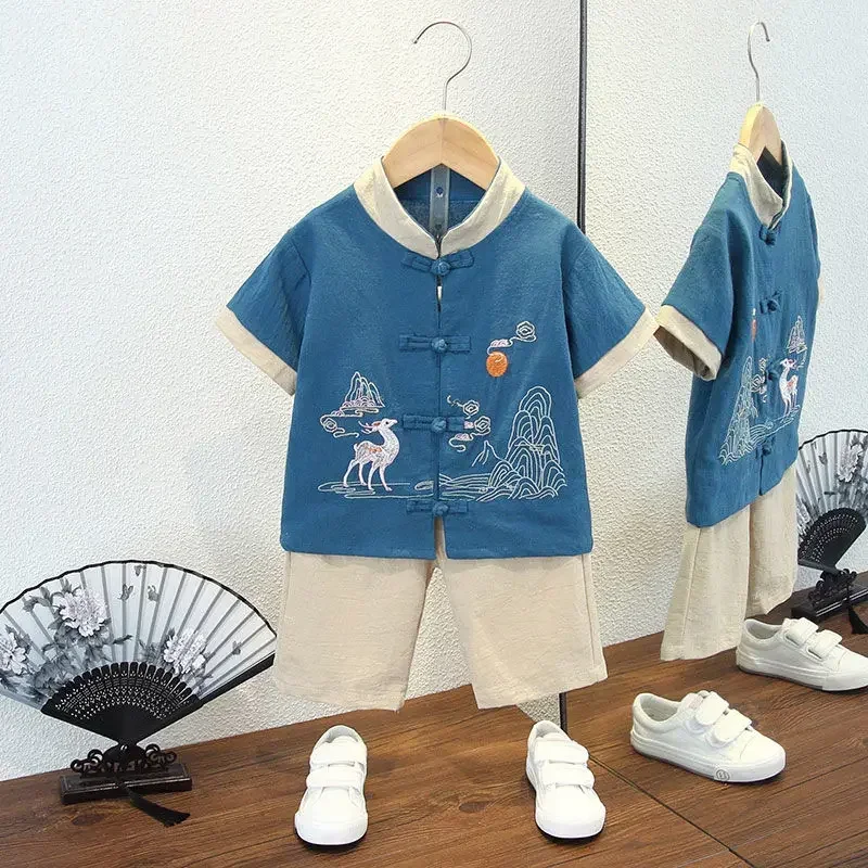 Summer Traditional Cotton Linen Embroidered Tang Suit for Kids Boys Girls Chinese New Year Clothes Tai Chi Uniform Blouse Pants