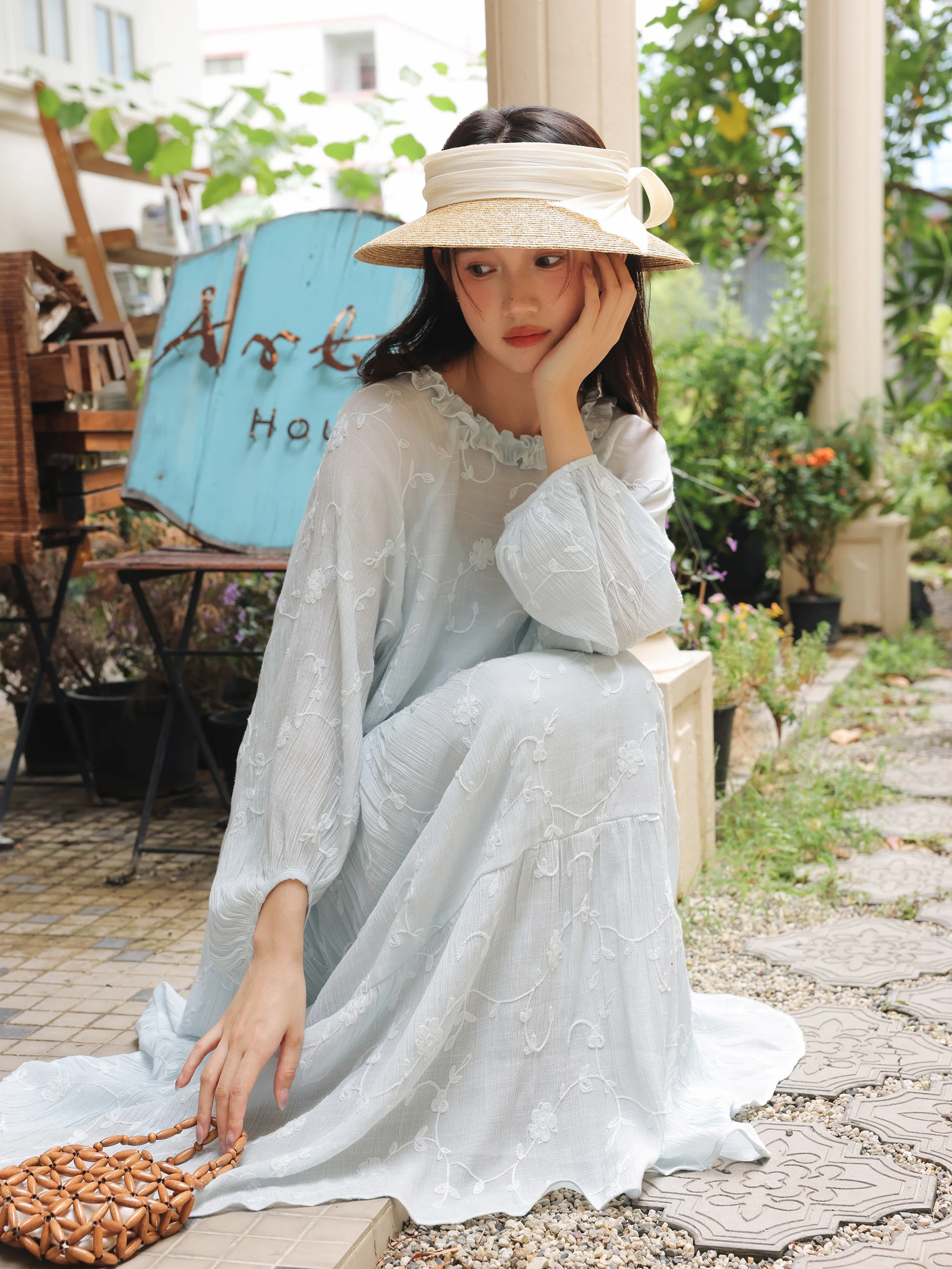 Embroidered Floral Maxi Dress Women Summer Loose Fit Flowy