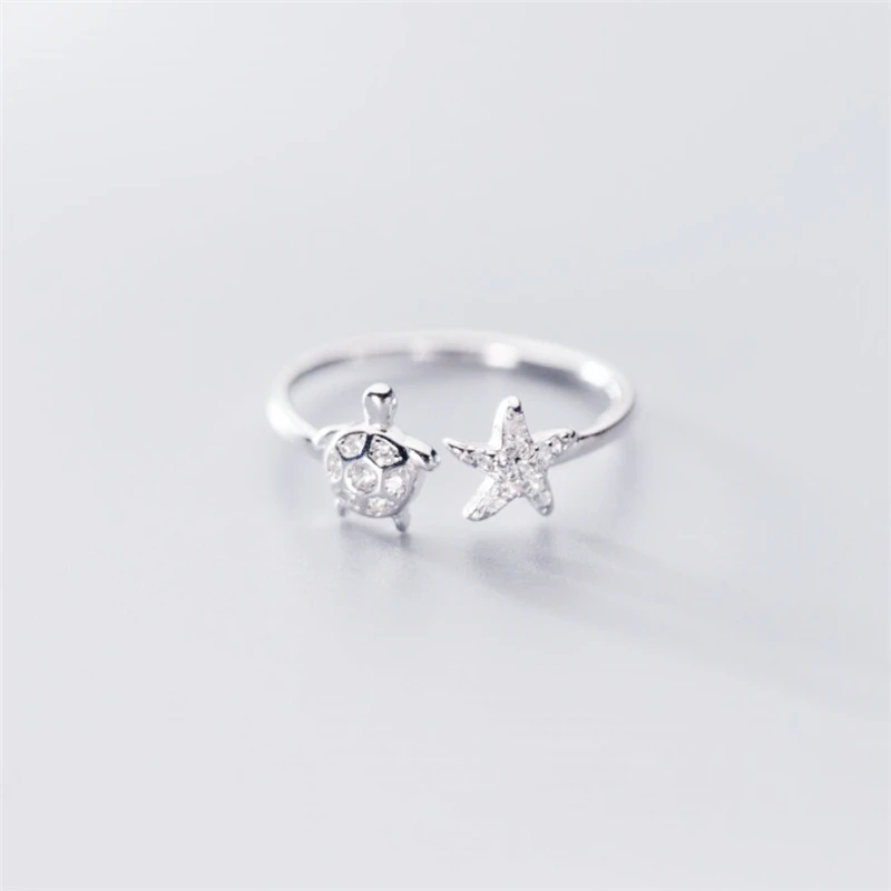 WYEAIIR 925 Sterling Silver Mini Cute Diamond Turtle Starfish Tortoise Resizable Opening Ring For Women Luxury Jewelry 4