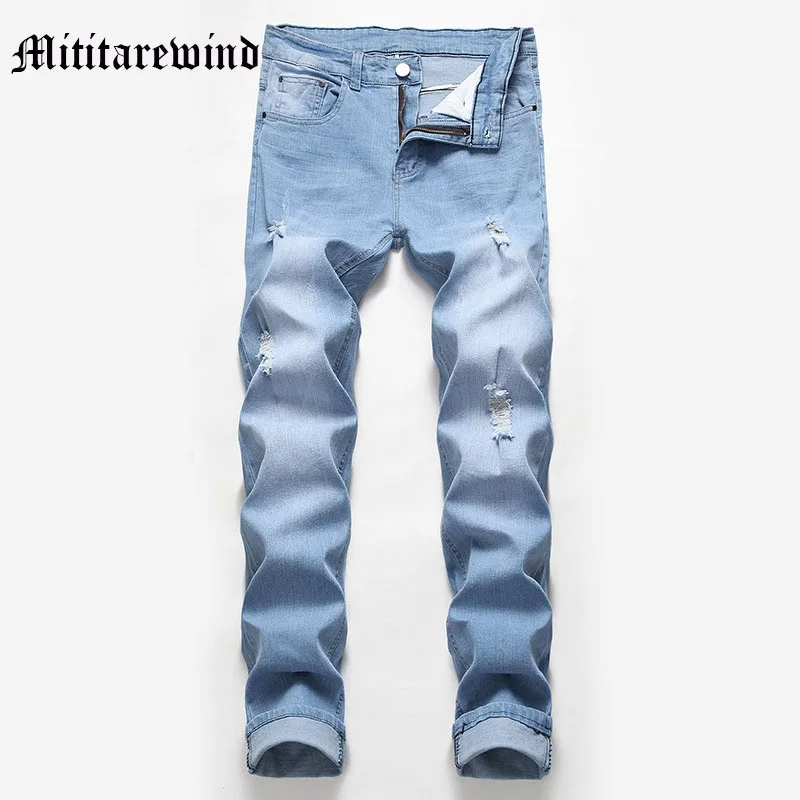 

New Denim Streetwear Men's Clothing Holes Black Stretch Pants Hip Hop Design European and American Distressed Wash Light Colors
