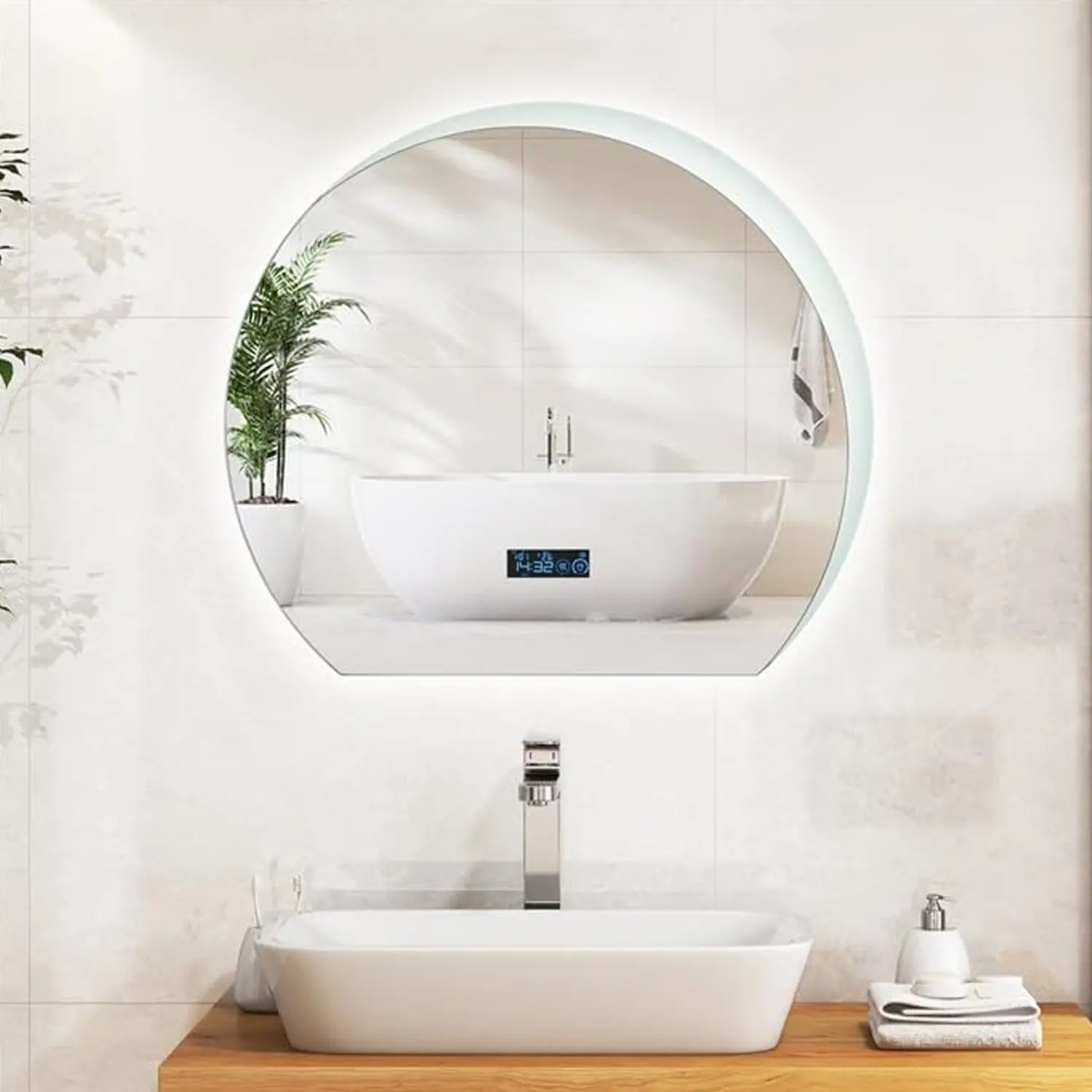 Semicircular LED Bathroom Mirror, Dimmable Cosmetic Mirror, Memory Function, Time & Temperature Display