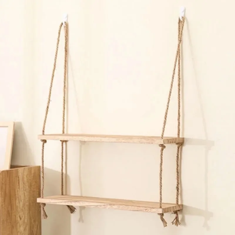 1PC 1/2/3-tier Wooden Floating Shelves for Wall Plant Flower  Hanging Rope Storager Wall Shelf Kitchen Storage