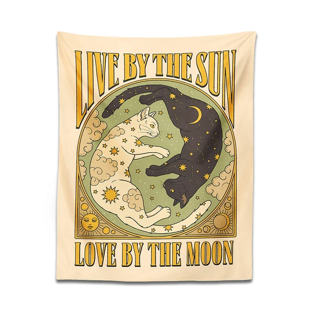 Tapisserie murale suspendue soleil lune chat Tarot rétro noir blanc chat psychédélique étoile d'amour pour salon maison dortoir décor tissu cadeau 6