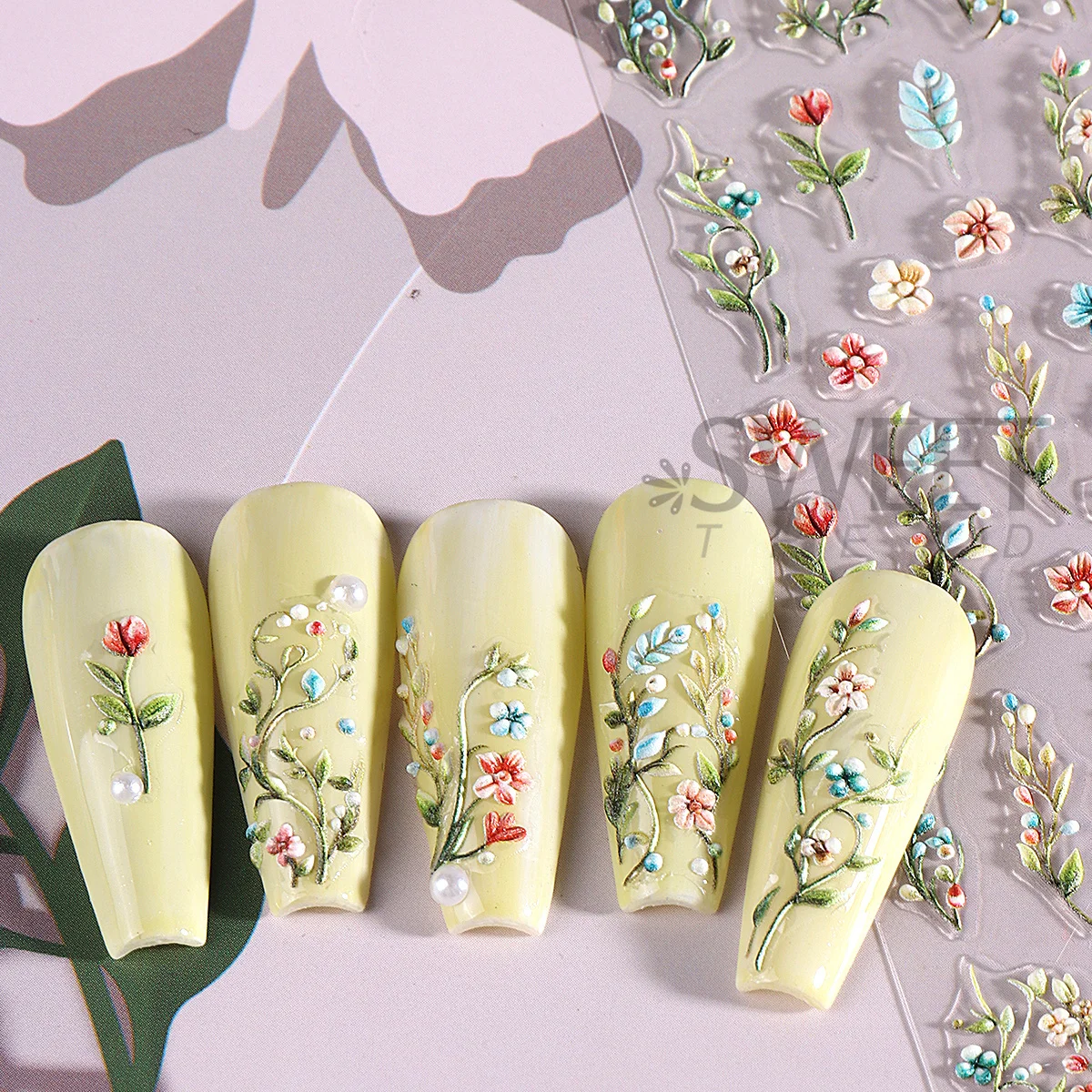 2pcs 5D Flowers Vine Nail Engraved Stickers Acrylic Floral Bouquet Leaves Design Embossed Decal DIY Charm Elegant Manicure Decor