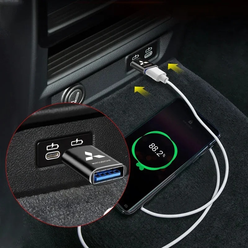 자동차 USB 타입 C 케이블 변환기 충전 어댑터 미쓰비시 랜서 ASX 미라지 파제로 엑스팬더 아트라지 용 자동차 용품 엠블럼