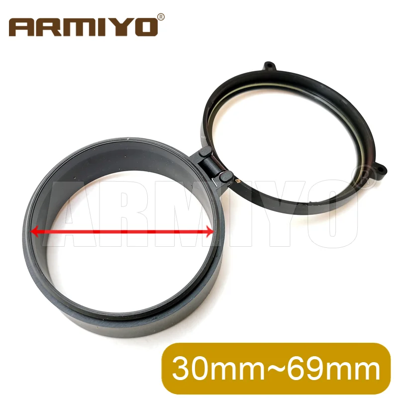 Armiyo 30 mm ~ 69 mm transparente Zielfernrohr-Objektivabdeckung, hochklappbar, schnelle Federschutzkappe, Objektivdeckel, Kaliber, Jagdzubehör – Detail 2