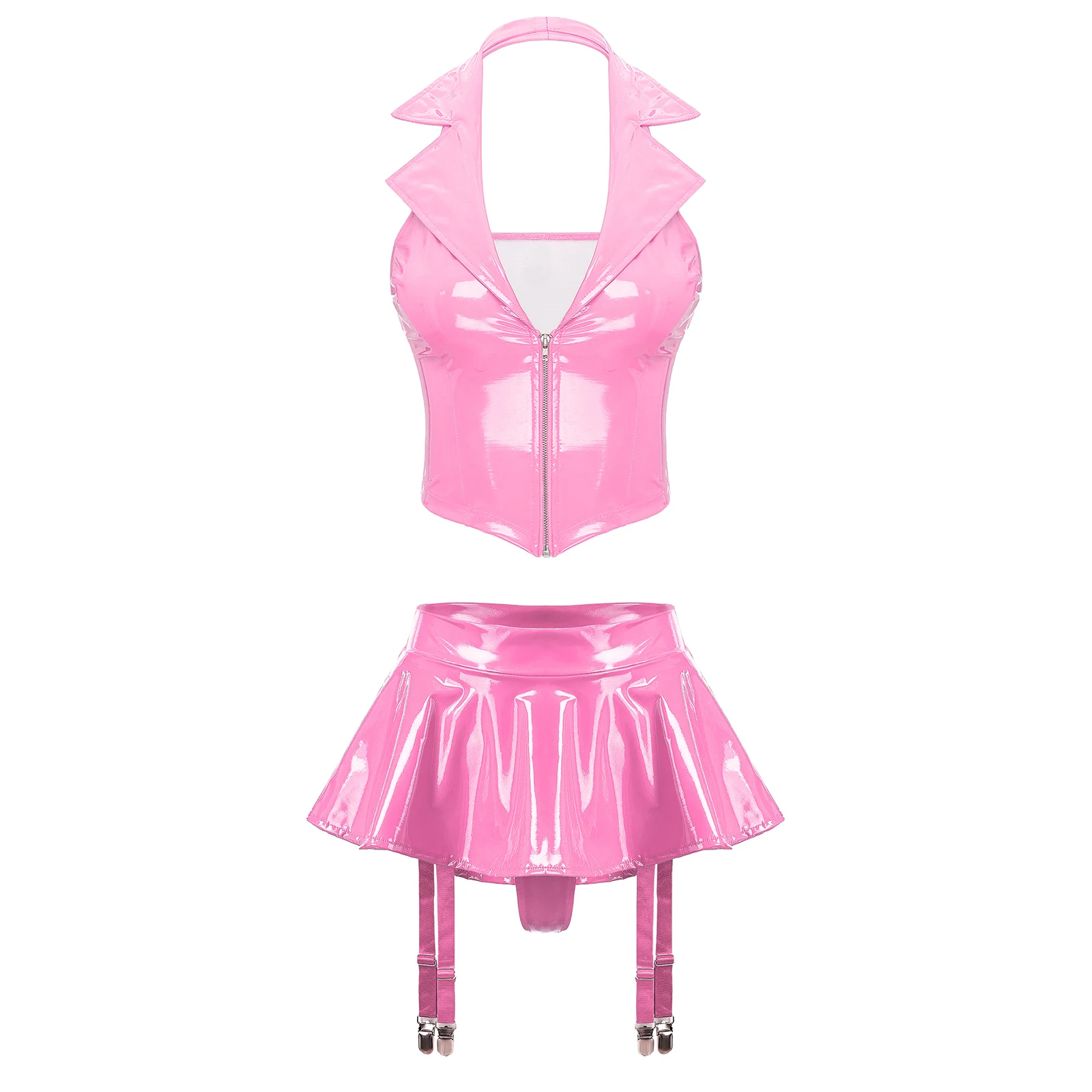 Womens Wet Look Patent Leather Halter Vest with Miniskirt Built-in Thongs Garter Clips Party Pole Dance Sexy Lingerie Clubwear