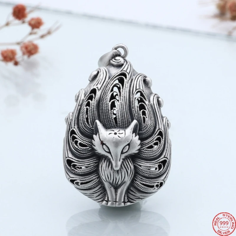 

S999 Sterling Silver Pendants for Women New Fashion Hollow Argentum Silk Nine-tailed Little-fox Jewelry Free Shipping