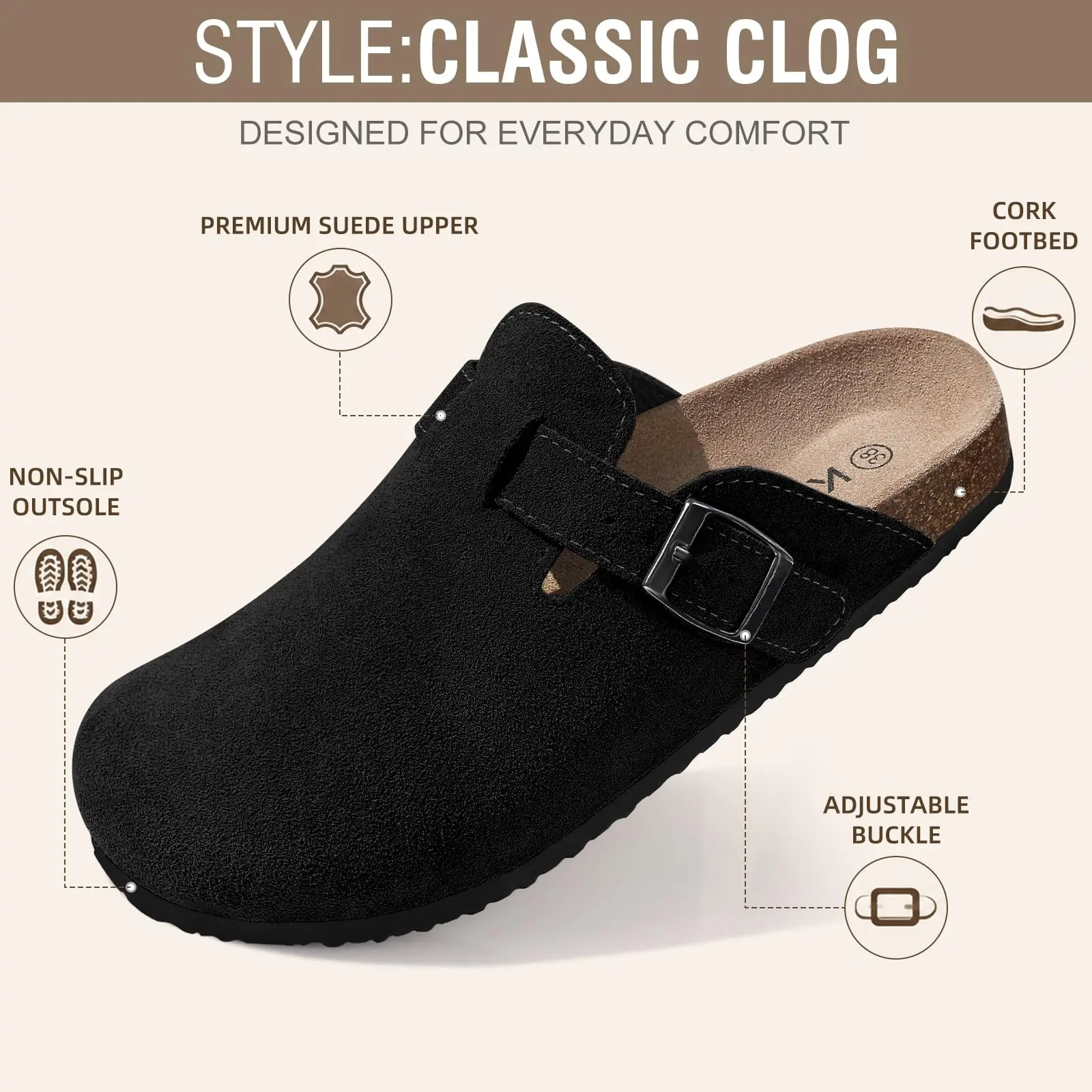 Unisex Fashion Cork Suede Clogs with Adjustable Buckle