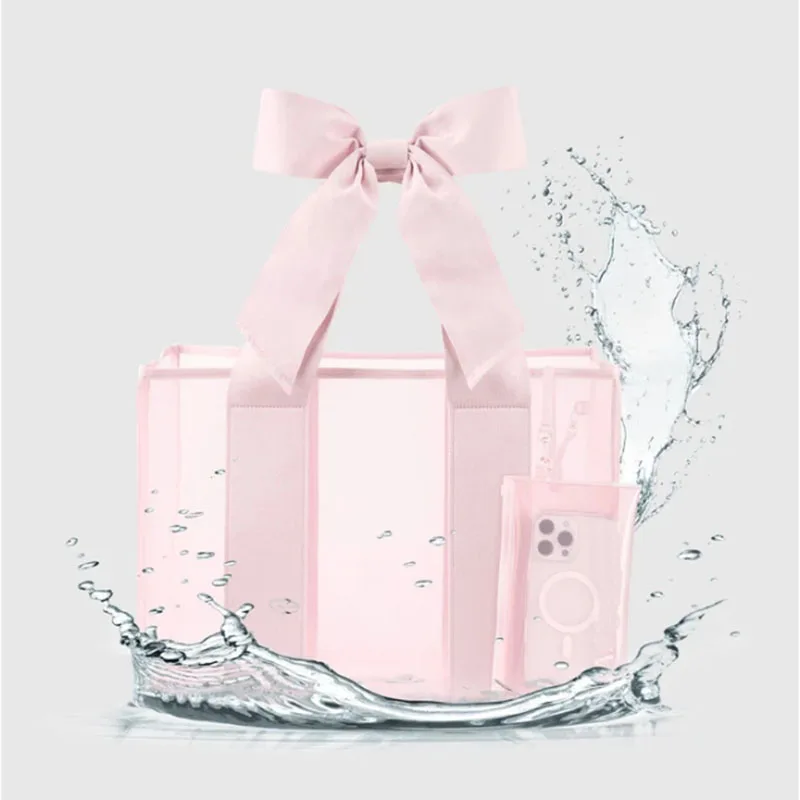 Canvas Tote Bag Summer Clear Pink Beach Bag Women Large Capacity 0.8MM PVC Handbag Bubble Soap Tote Bag with Bow