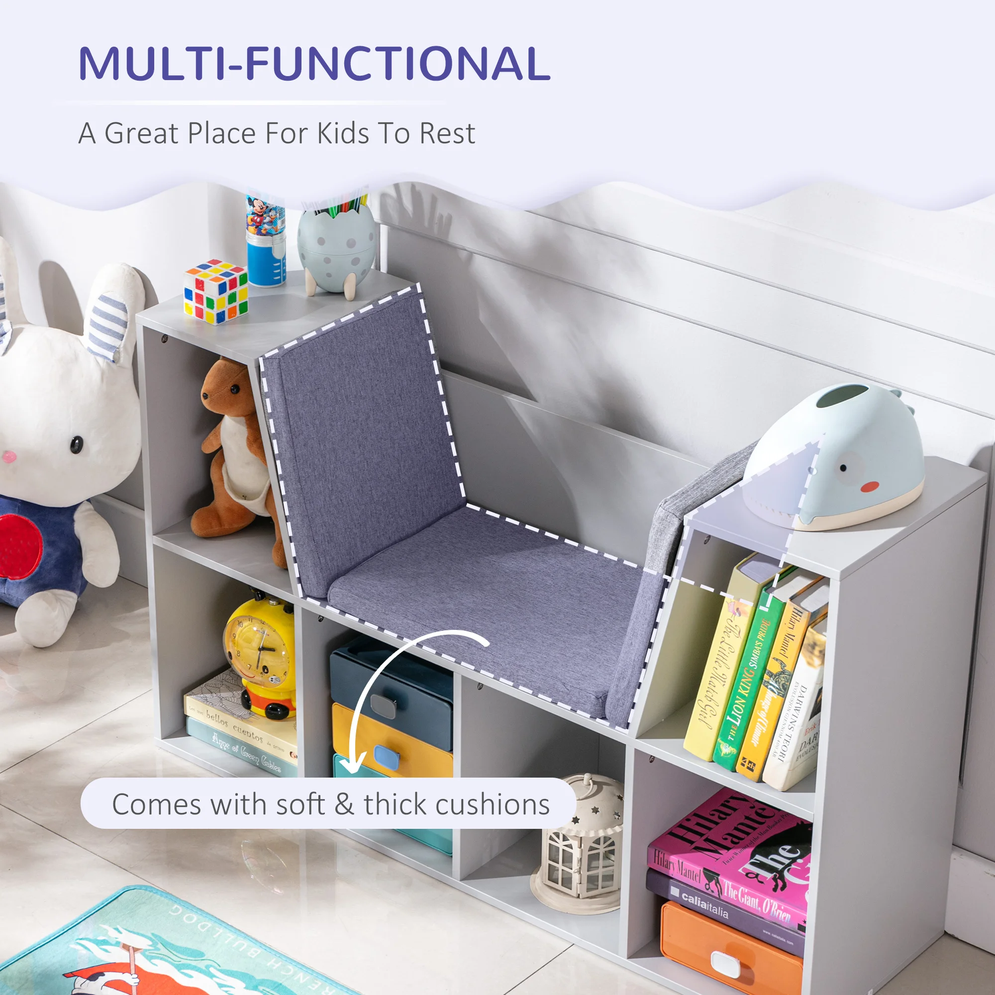 Kids Cube Organizer with Lounge Chair and Large Cube Shelving, Grey 5