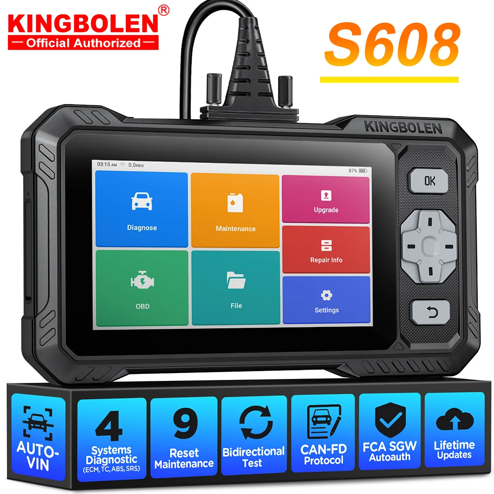 [Mise à jour gratuite à vie] Scanner OBD KINGBOLEN S608 CAN FD 6,2 pouces pour moteur, ABS, SRS et transmission (4 systèmes). 9 réinitialisations et tests actifs. 1